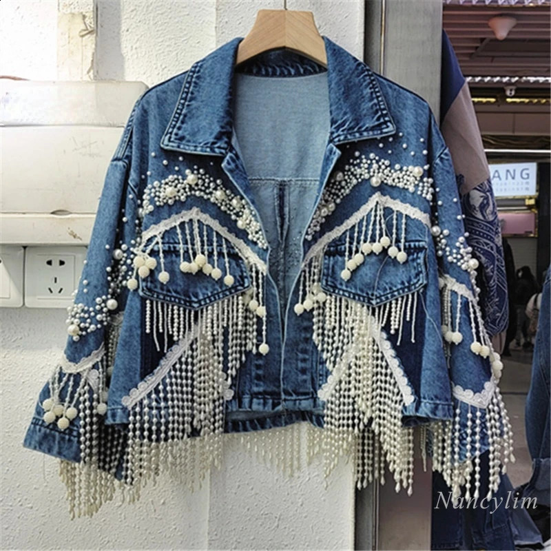 Woman Pearls Beaded Tassels Denim Jacket Pearls Fringed Holes Jeans Coat Beading Cow Streetwear Tuin Down Collar Tops 250121