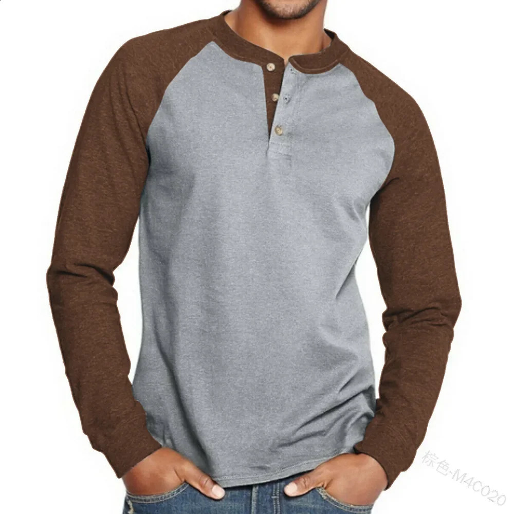 Spring Autumn Henley Shirts Color Black Patchwork Tees Mens Fashion Vintage Button V Neck Long Sleeve T Shirt Man Tops 250122