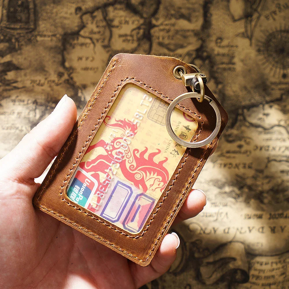 100% Genuine Leather Business Credit ID Card Holder with Key Ring Keychain Staff Work Card Holder Employees Card Case 250120