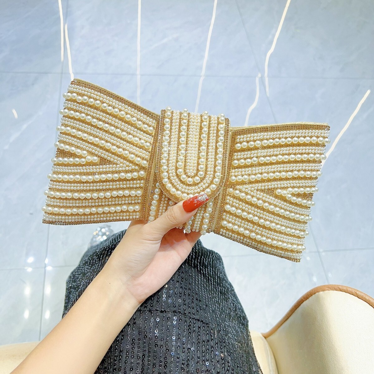 New High-End Handbag With Pearl Shoulder And Diagonal Cross, Ladies' Bag, Socialite Butterfly Dinner Bag