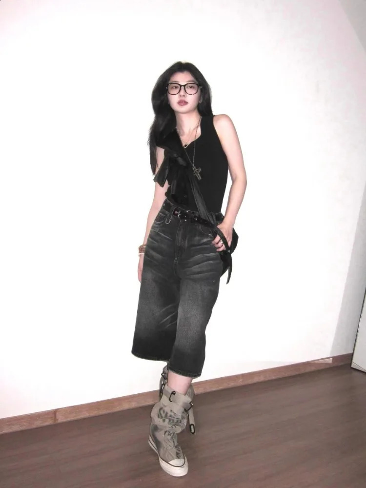 Retro Y2k Baggy Jorts Women Men Whiskers Black Jeans Low Waist Casual Wide Pants Frayed Denim Shorts 250122