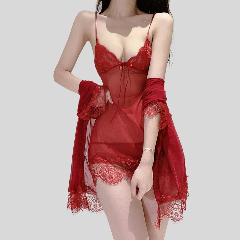 New best-selling sexy deep v perspective mesh suspender nightdress pajamas bathrobe two-piece loungewear cover