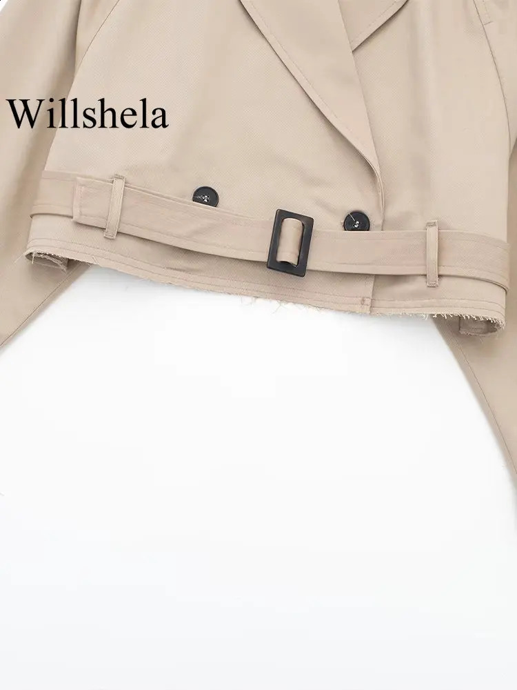 Willshela Women Fashion With Belt Cropped Trench Jacket Vintage Notched Neck Long Sleeve Female Chic Lady Coat Outfits 250118