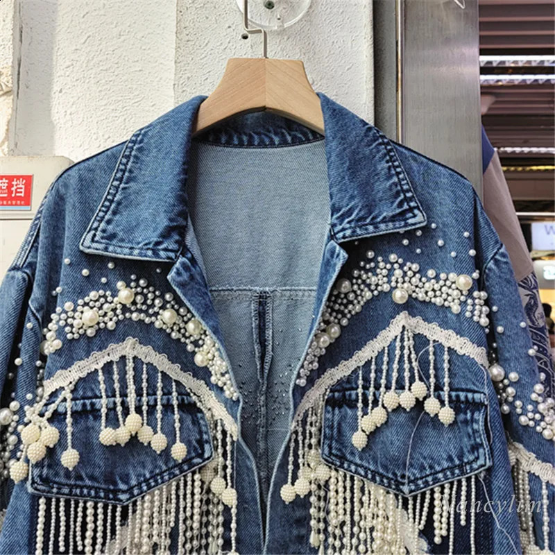 Woman Pearls Beaded Tassels Denim Jacket Pearls Fringed Holes Jeans Coat Beading Cow Streetwear Tuin Down Collar Tops 250121