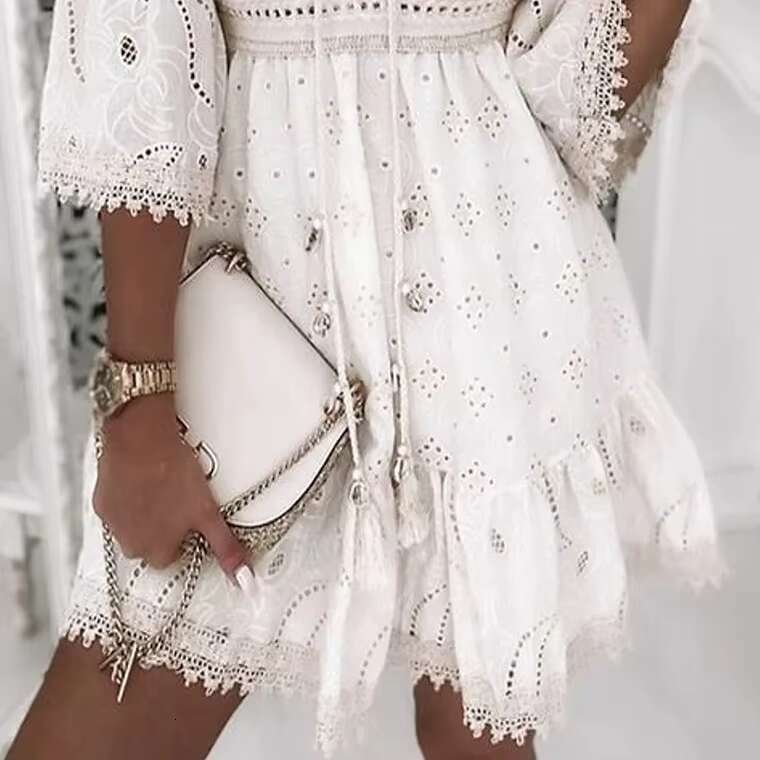 New Lace V Neck Flare Sleeve Vintage Style Short Cotton Blend Embroidery Hollow Out White Dress Mujer