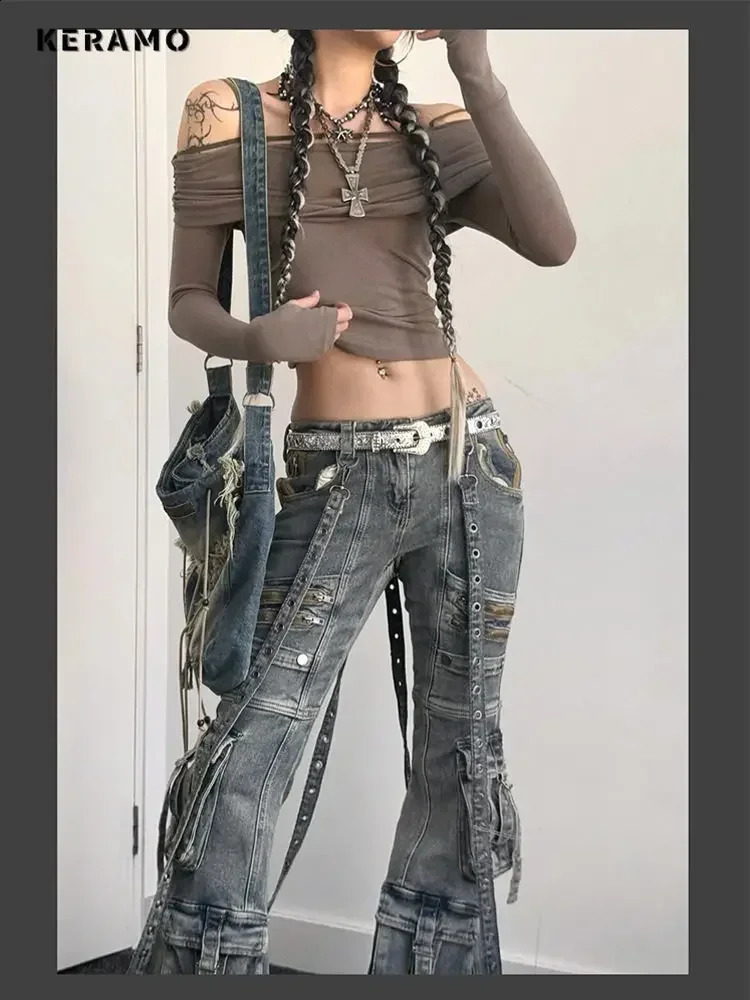 Womens Y2K Slim Fit Laceup Denim Trouser Washed Vintage Classic Emo Casual Pants Grunge Street Retro High Waist Pockets Jeans 250121