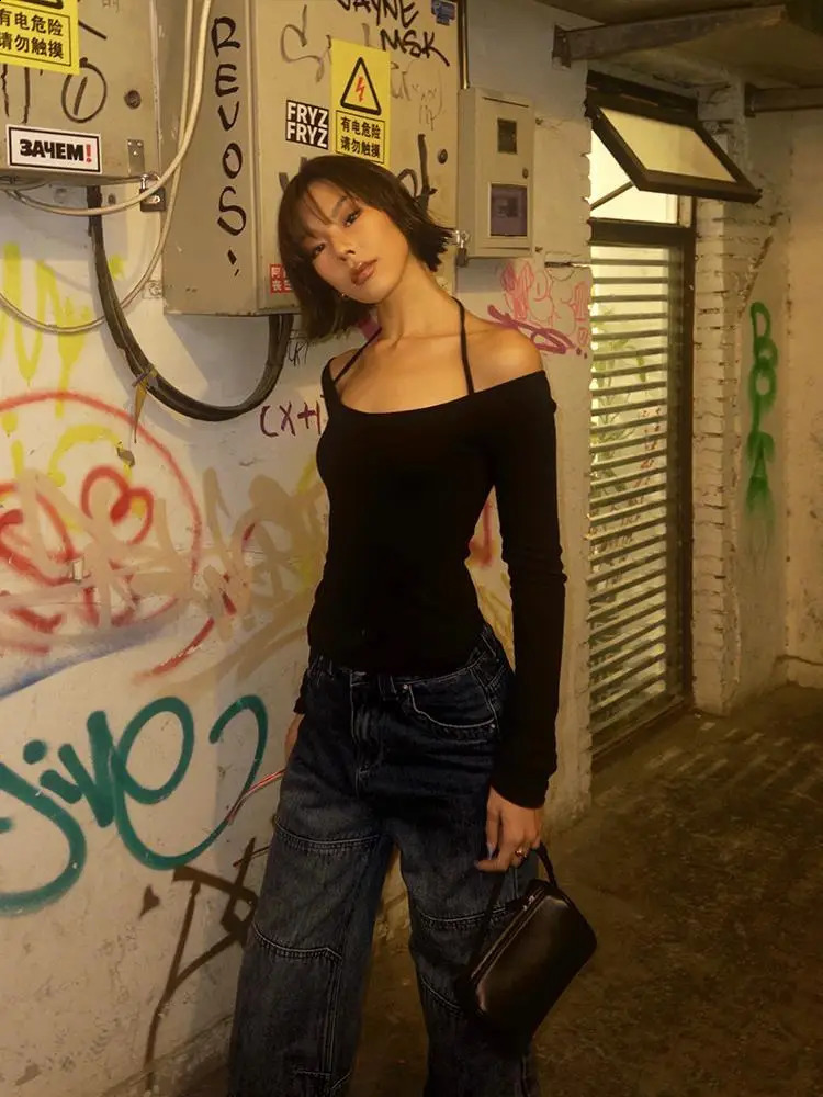 Yedinas Womens Long Sleeve Halter T Shirt Black Slim Clothes Y2K Tees Female Clothing Skinny Streetwear 2000s Tshirts Slim Tops 250109