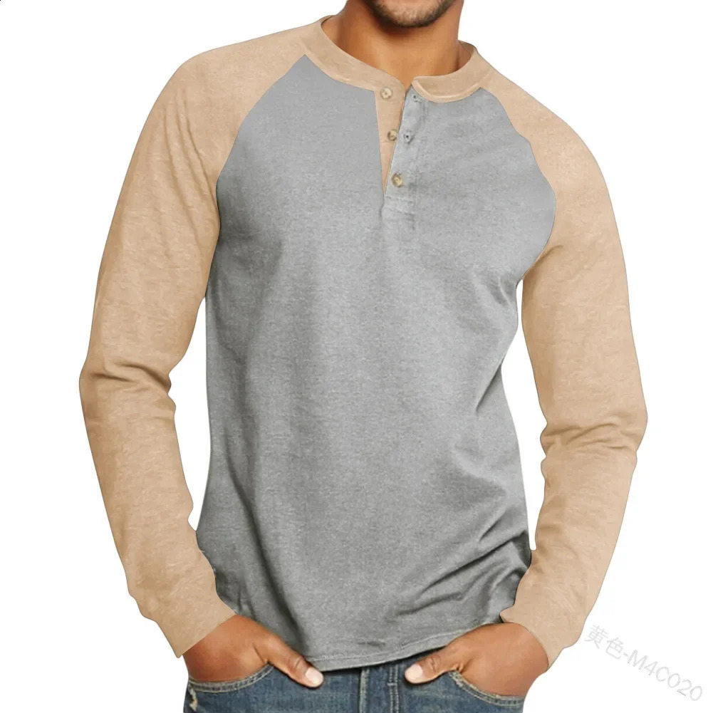 Spring Autumn Henley Shirts Color Black Patchwork Tees Mens Fashion Vintage Button V Neck Long Sleeve T Shirt Man Tops 250122