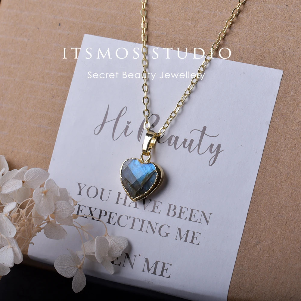 ITSMOS 14K-Gold Plated Heart Natural Labradorite Pendant Necklace Simple Blue Light Love Jewelry Necklace for Women Gift 250117