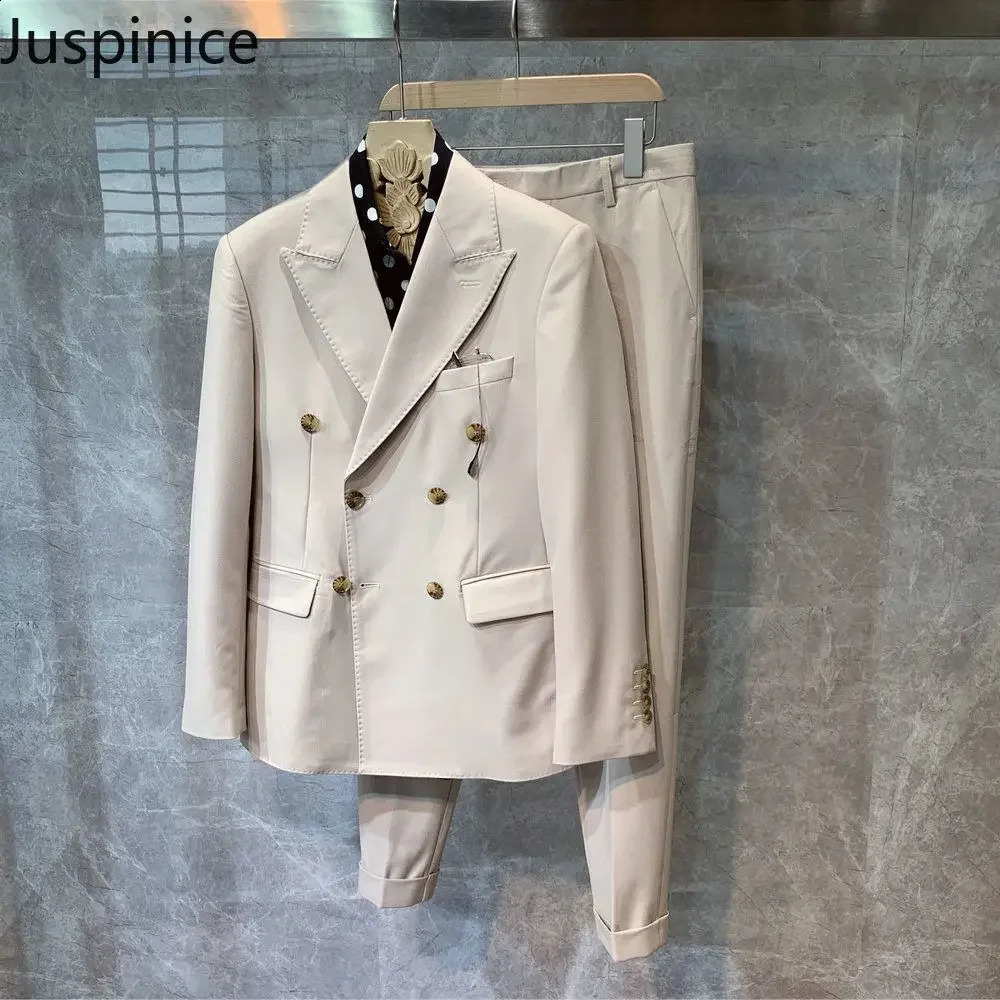 Autumn British Style Retro Solid Slim Double Breasted Suit Blazers Trousers Set Mens Loose Business Casual Jacket Pants Suit 250121