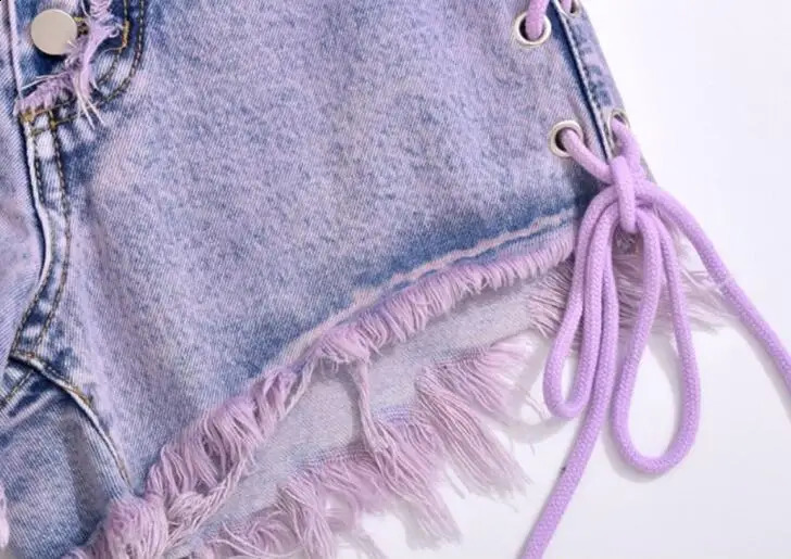 Purple Tassel Jean Shorts Lace-Up Denim Shorts Womens Summer High Waist Breasted Raw Edge A-Line Wide-Leg Pant 250118