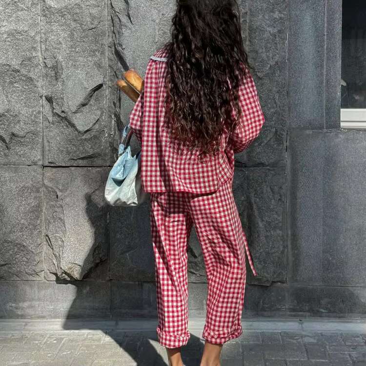 Red Plaid Wide Leg Pants Sets Women Long Sleeve Lace-Up Blouse+Elastic Waist Trouser Chic Casual Lace Trim 2 Piece Set 2025 New