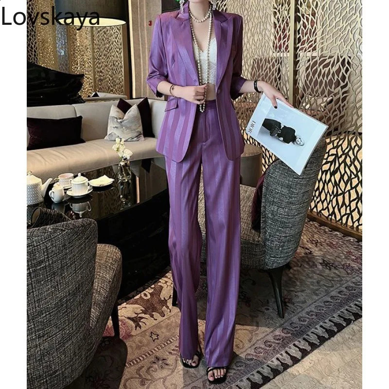 Purple striped suit jacket wide leg pants twopiece set for women professional formal attire summer waistband 250114
