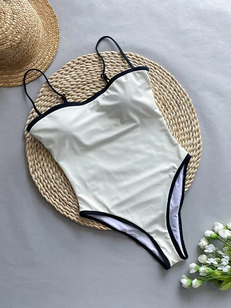 Sexy Black White Contrasting Women Bodysuit Fashion Square Neck Sleeveless Bodycon Swimsuit Summer Lady Beach Vacation Tops 250109