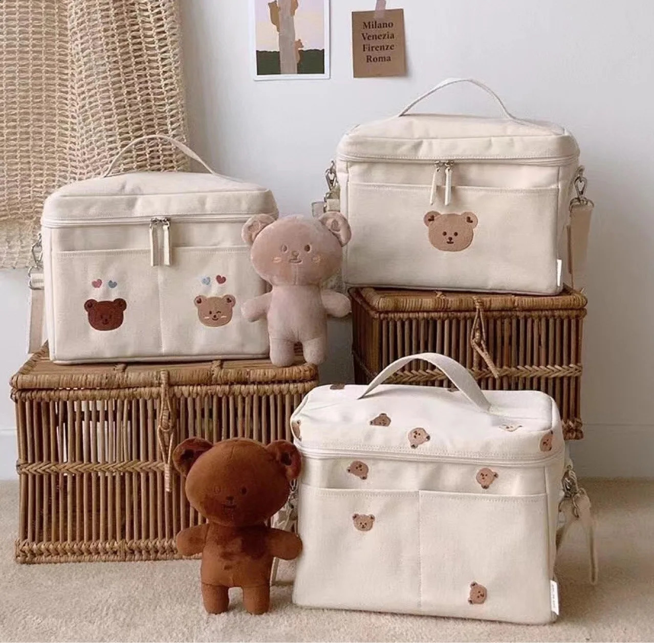 Korean Baby Diaper Bag Canvas Bear Embroidered Insulation Baby Stroller Storage Bag Organizer Mommy Milk Insulation Ice Bag 250118