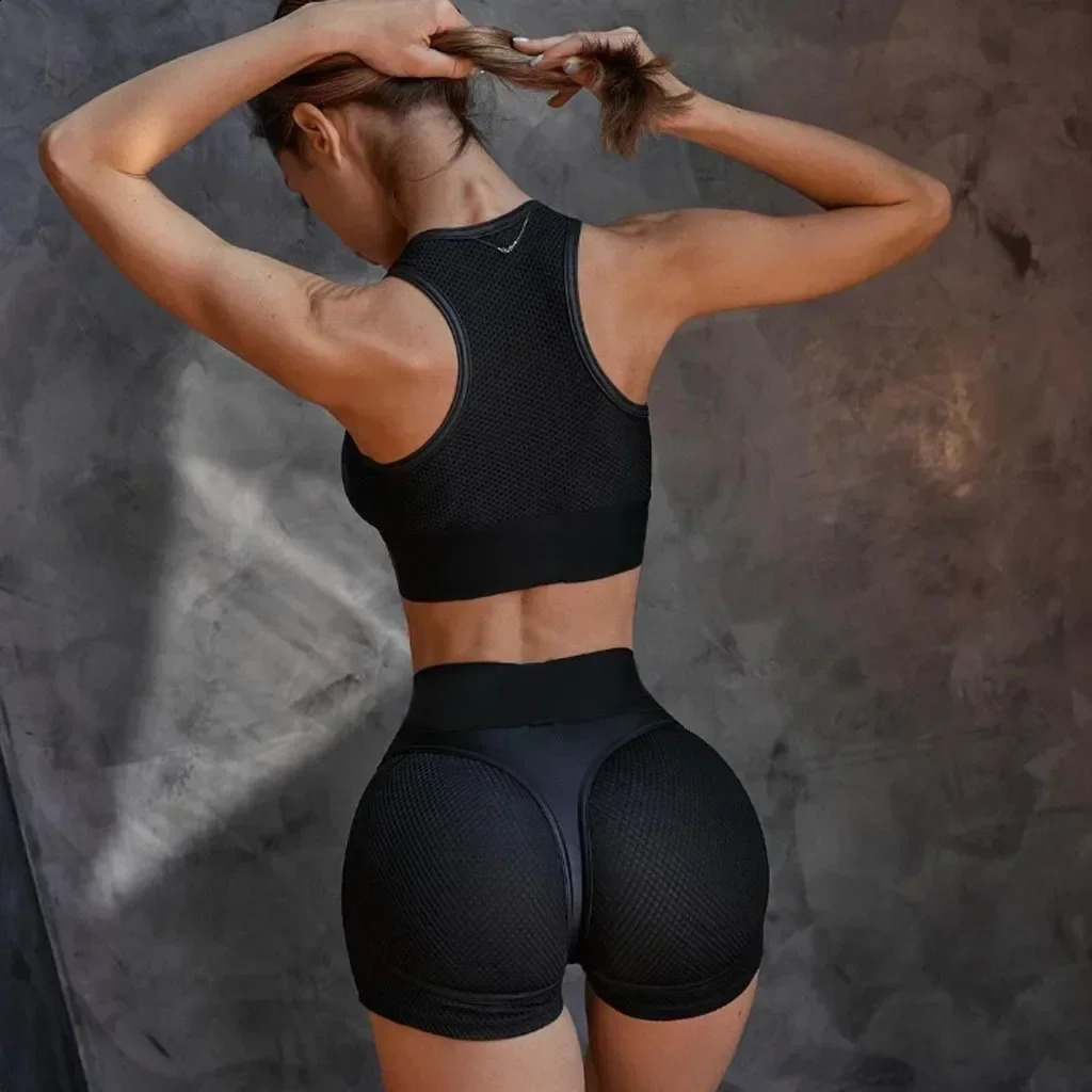 Gym Short Sports Bra Set Transparent Tracksuit Sexy Sportswear Mesh Fitness Booty Mujer Ropa De Yoga Clothing Black 250107