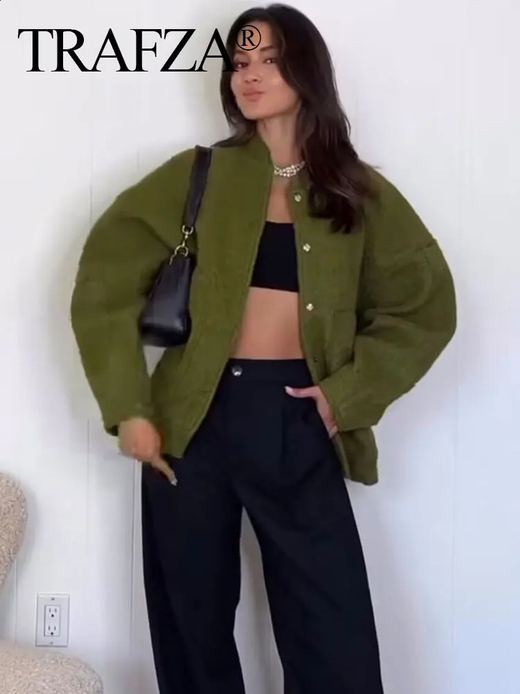 TRAFZA Women Solid Coat Long Sleeve Autumn Pocket Bomber Jacket Oversize Loose Streetwear Coats Button Casual Woman Outerwear 250114