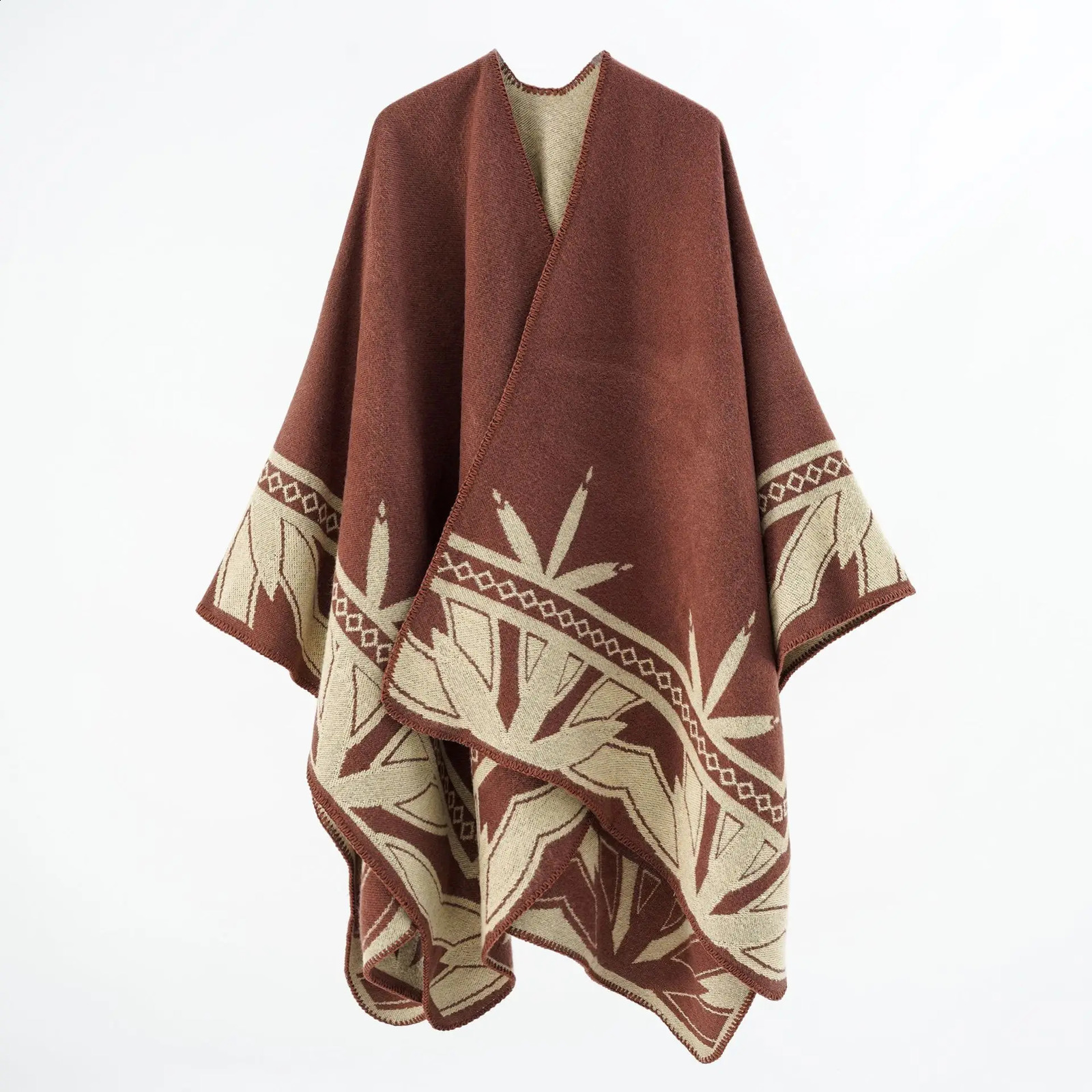 Autumn Winter Geometric Stripe Pattern Cashmere Warm Casual Women Shawl Poncho Capes Lady Coat Black 250121