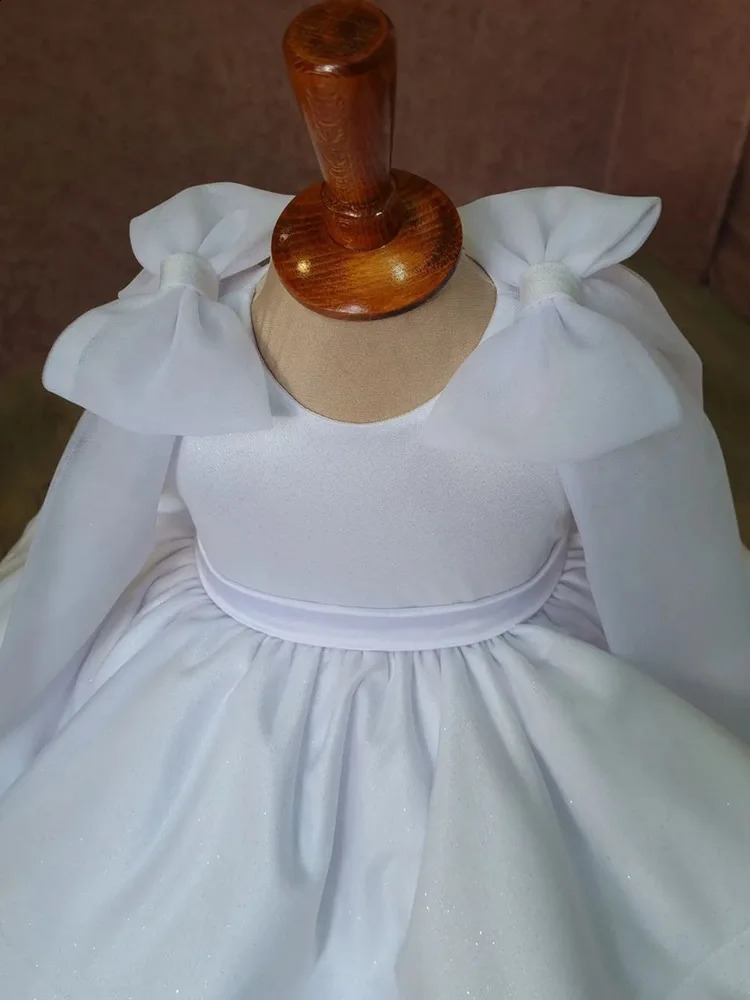 White Flower Girl Dress For Wedding Knee Length Long Sleeves Princess Kids Birthday Party First Holy Communion Baby Ball Gown 250115