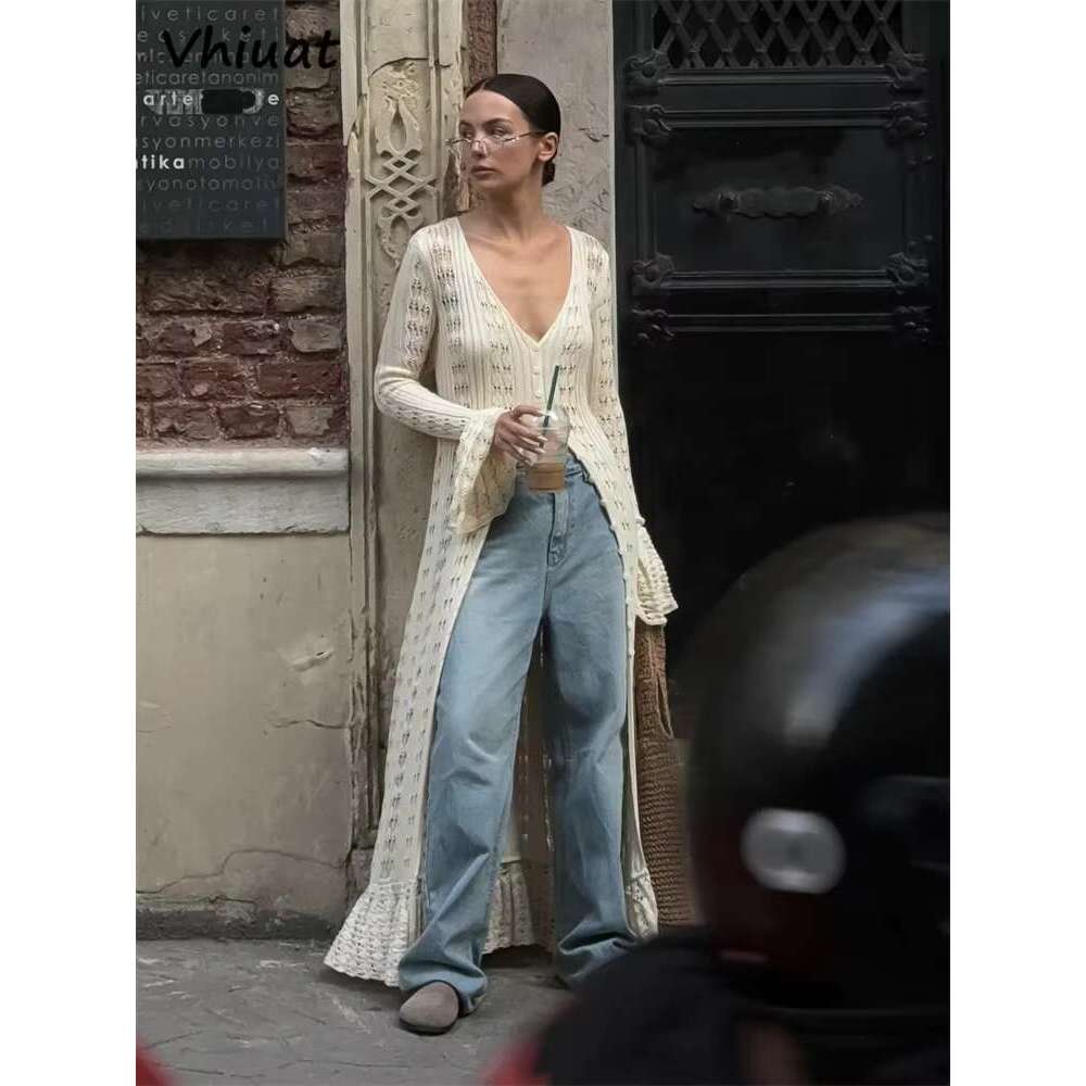 Vhiuat Knitted Sleeve Casual Party Long Flare Dresses For Women Chic Slim Hollow Out Beach Holiday Dress Autumn 2025