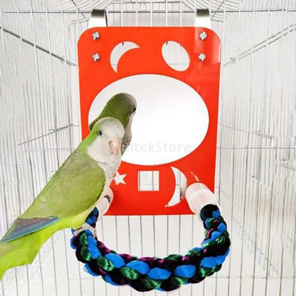 Bird Mirror With Perch Cage Swing Toy Macaws Finches Small Parakeet Rope Stand for Parrot Pet Supplies 250207