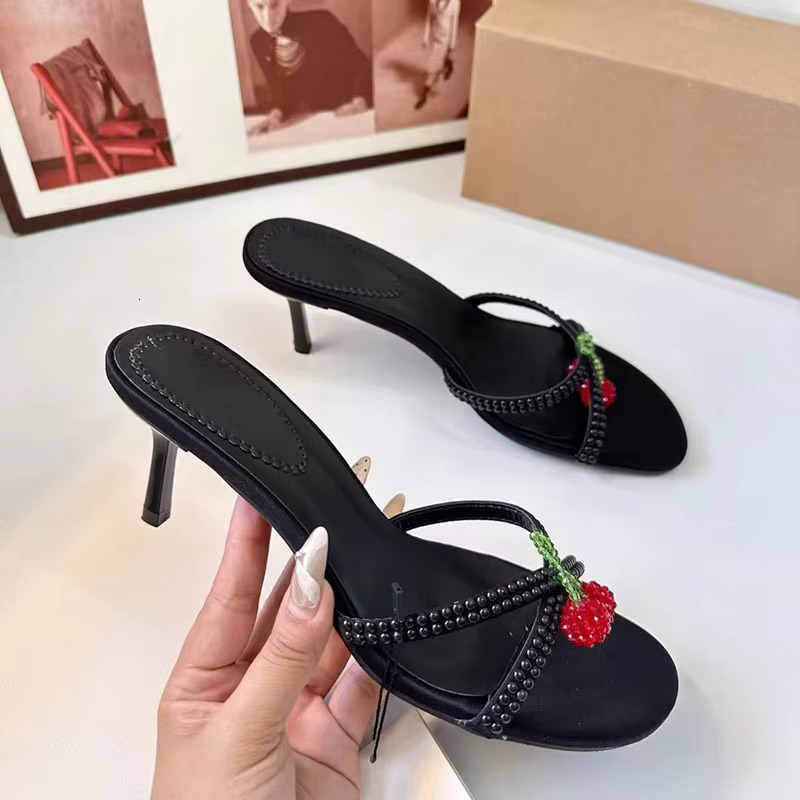 TRAF Cherry Decorate Black High Heel Slippers Women Round Head Open Toe Sgback Stilettos Sweet Pump Sandals Shoe For Woman