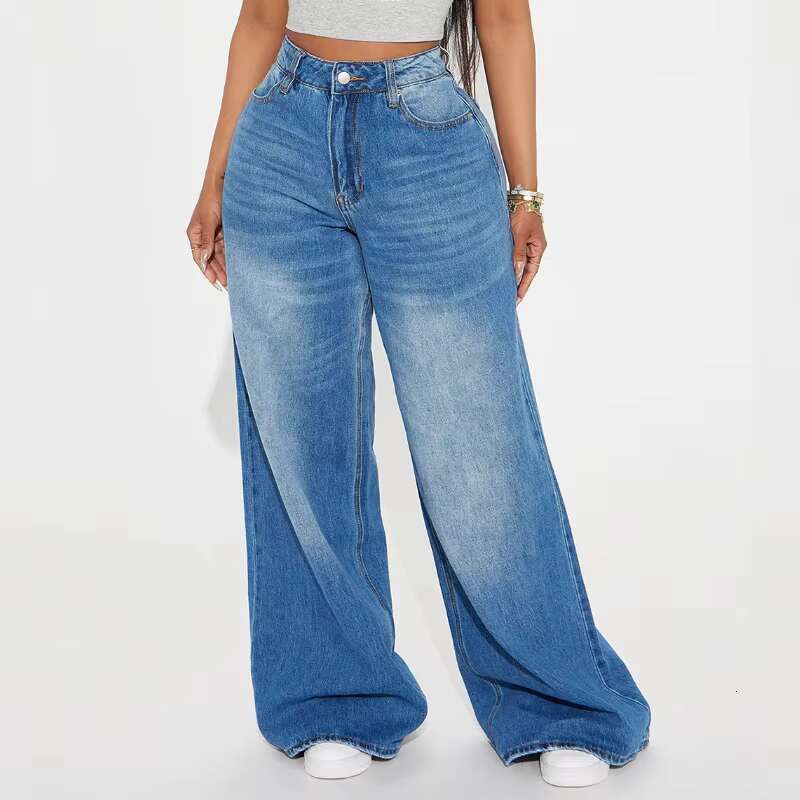 High Street Bleached Baggy American Style Full Length Jeans Vintage Scratched Wide Leg Pants Femme Trousers