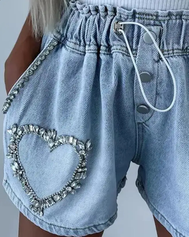 Y2K Summer Casual Fashion Cargo Shorts Temperament Commuting Rhinestone Heart Pattern Drawstring Trending Denim Shorts 250118