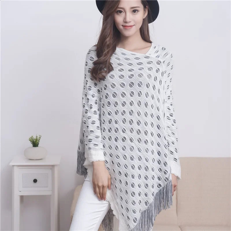 Spring Autumn Double-layer Irregular Shawl Hollowed Out Tassel Lattice Cloak Versatile Loose Pullover Poncho Black 250121
