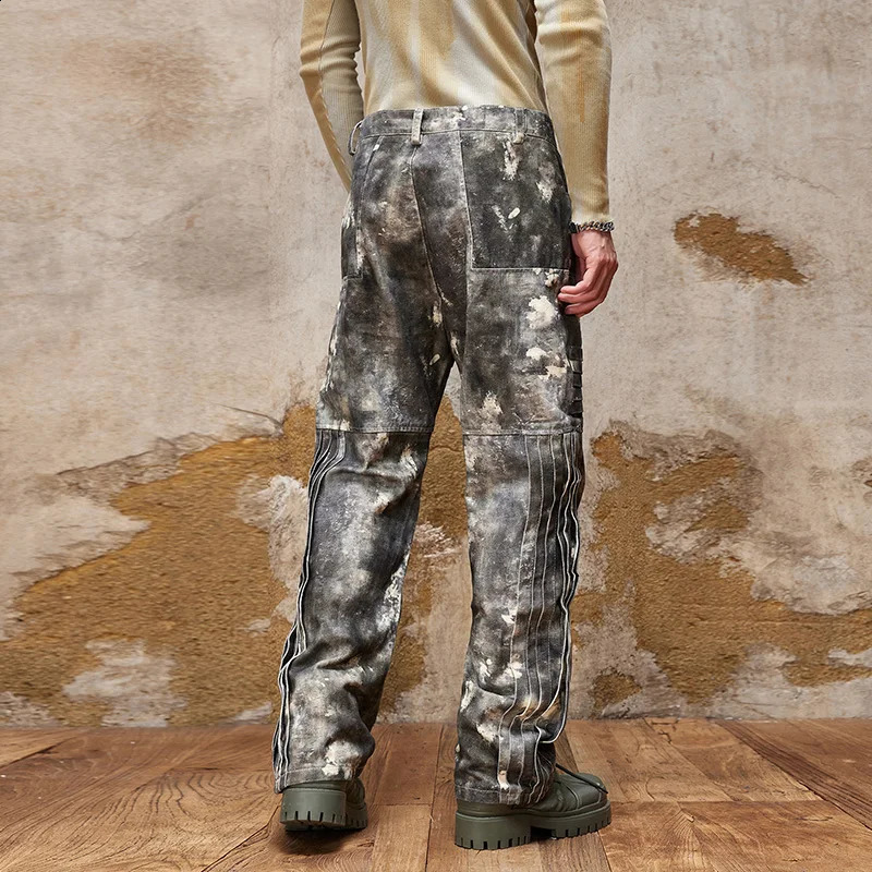 American High Street Camouflage Print n Wide Leg Jeans Mens Loose Straight Drooping Personality Motorcycle Trousers 250120