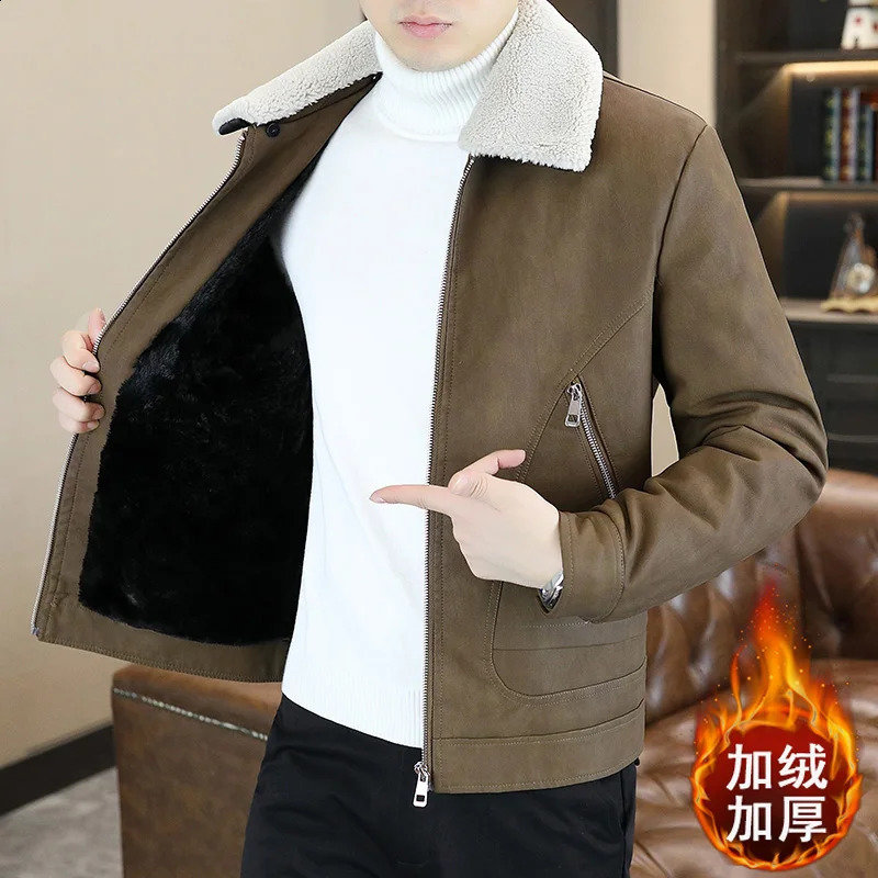 Winter Mens Leather Jacket Fashion Thick Warm Fur Integrated Turn Down Collar Motorcycle Streetwear Men Clothing 250109Z