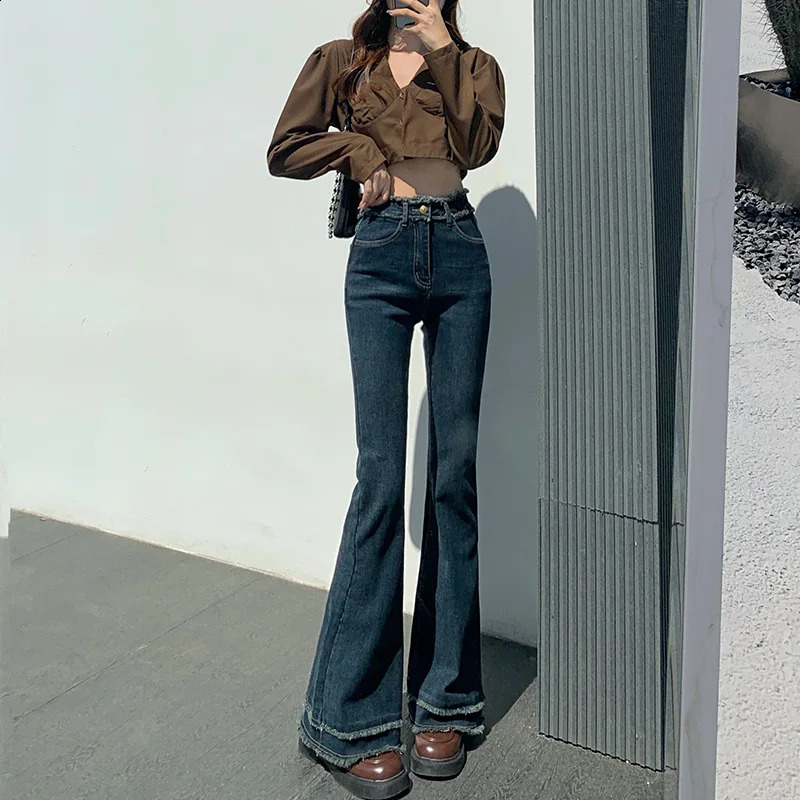American High Street Retro Micro-flared Jeans for Women with Tassels Raw Edges Slim Stretchy Floor-length Tight Horseshoe Pants 250118