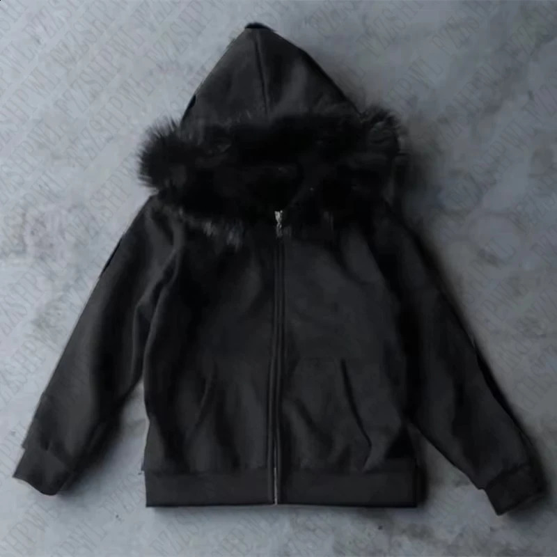 High Street Casual Terry Solid Color Mens Sweatshirt Punk Harajuku HipHop fall Winter Hoodie Rock Retro Y2K Grunge Streetwear 250109