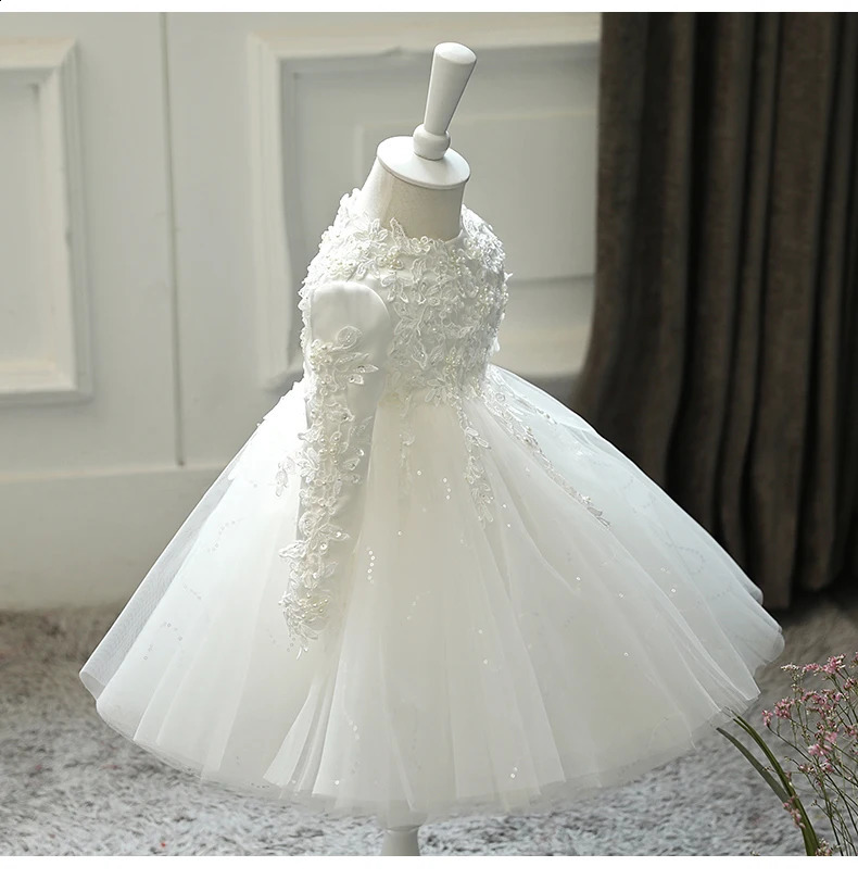 Baby Girl Wedding Dress Long Sleeve born Girls Christmas Princess Gowns Beads Lace Infant Kids 1 Year Birthday Baptism Dress 250115