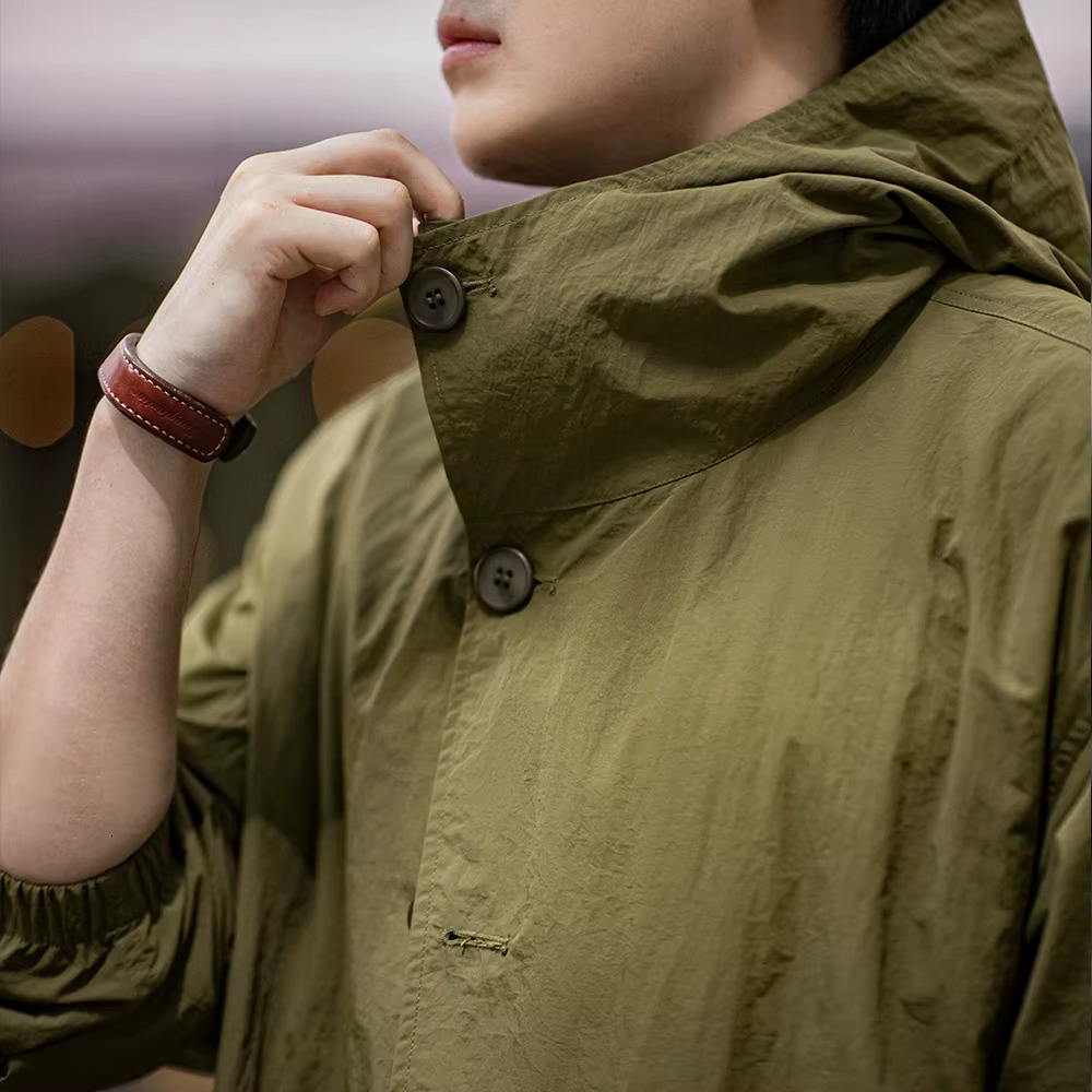 Maden Vintage Solid Color Thin Hooded Jacket Outdoor Loose Single-Breasted Coat Men's All-Match Outerwear For Autumn And Winter