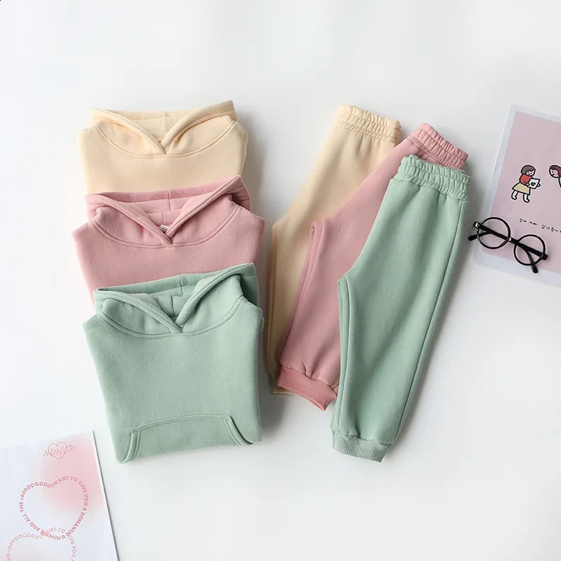 Baby Boys And Girls Hooded Sweater Jacket Autumn Winter Fleece Inner Liner Toddler Boys Girls Pullover Solid Hoodies Pant Set 250121