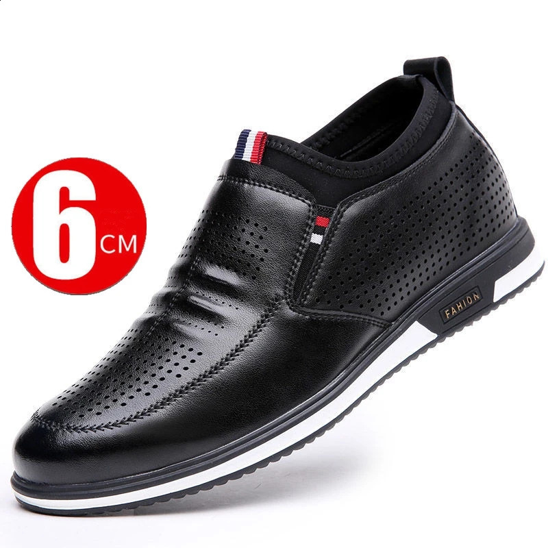 Men Hollow Breathable Cow Leather Casual Elevator Shoes Soft Comfortable Flat/6cm Hidden Heels Height Increase Sneakes Tall Shoe 250209