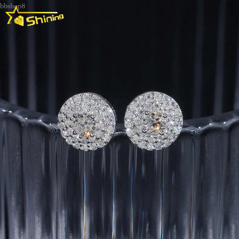 Pass Dia Tester Sterg Sier Round Cluster Iced Out Mens Moissanite Stud Earrings