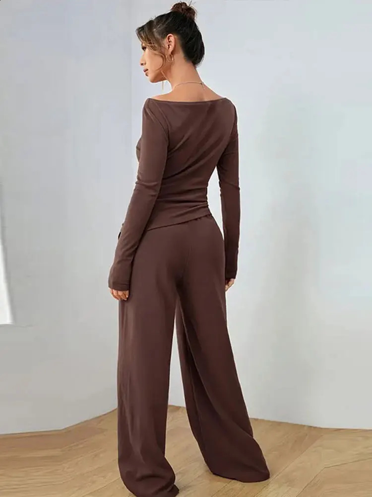 Women Two Piece Sets Pajama Set Sexy V-neck Long Sleeve Shirts Loose High Waist Wide Leg Pant Sets Lady Sleepwear Tracksuits 250120