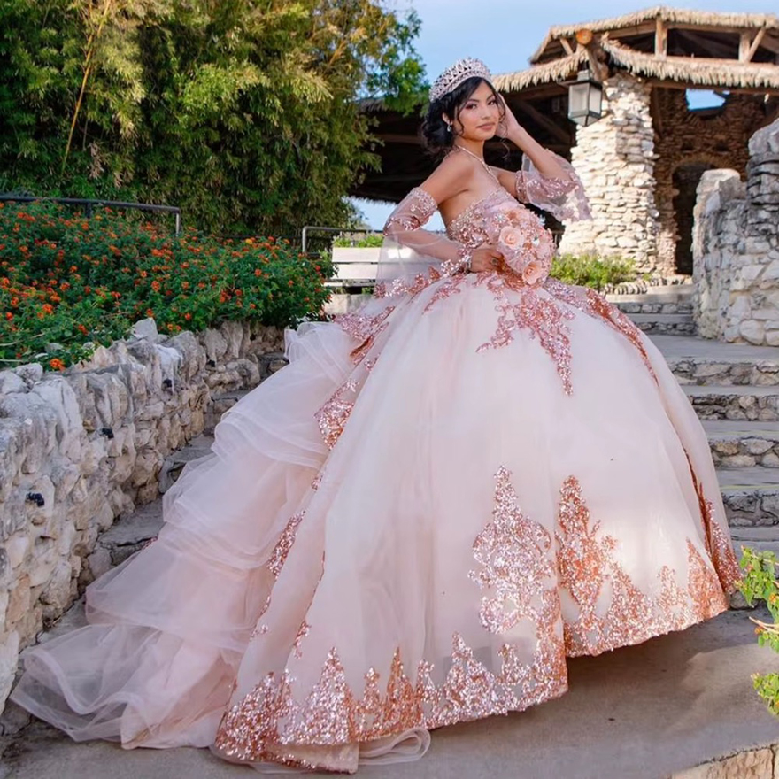 Lorencia Mexican Pink Quinceanera Dress Ball Gown Shiny Lace Applique Beading Tiered Corset Sweet 16 Vestidos De 15 Anos