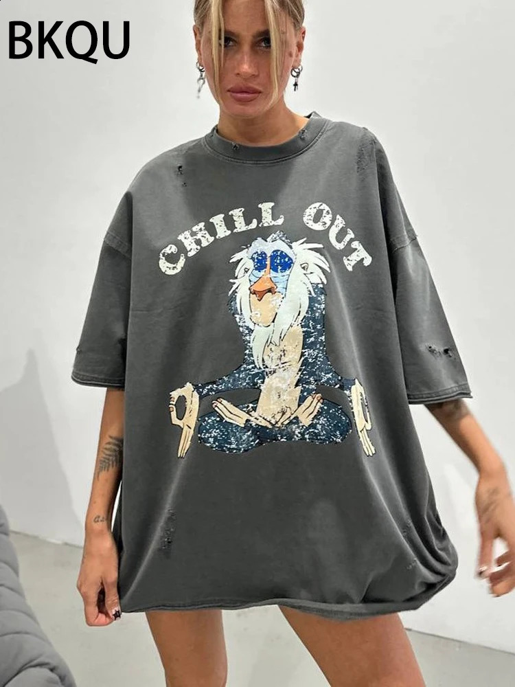 BKQU Cartoon Graphic Printed T Shirt Women Ripped Half Sleeve O-neck Tee Shirts Letter Loose Oversized y2k Pullovers Streetwear 250118