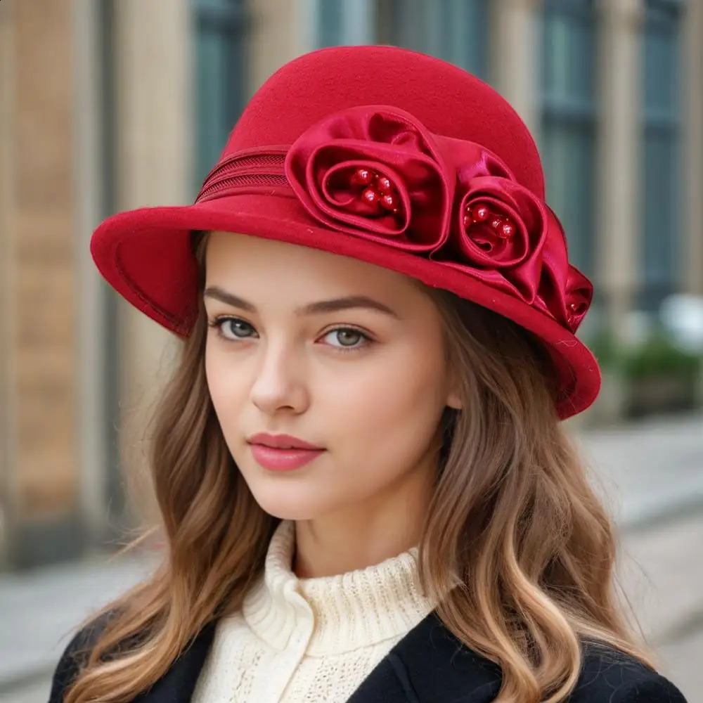 Autumn and winter woolen top hat womens British Hepburn style fisherman rose flower elegant fashionable versatile 250118