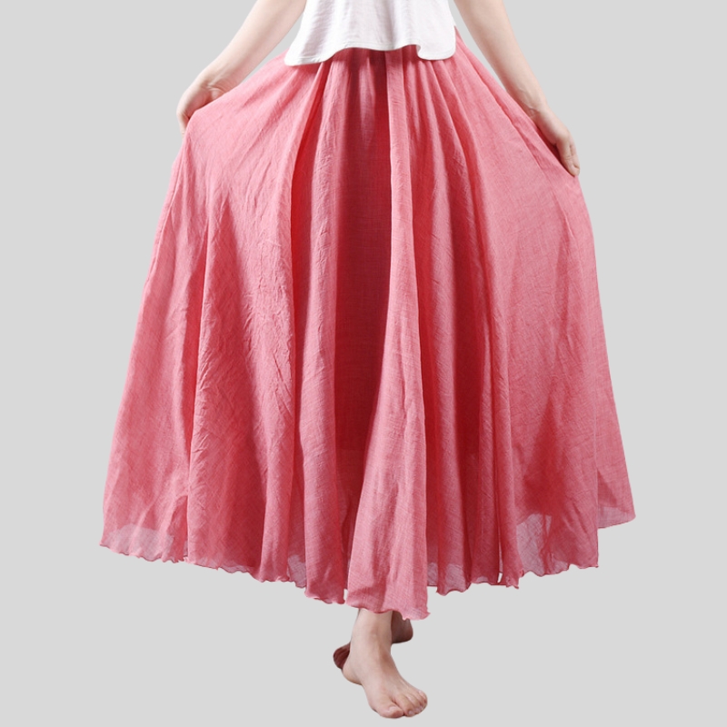 Summer new skirt cotton and linen skirt linen solid color long skirt loose pendulum skirt pleated A-shaped skirt