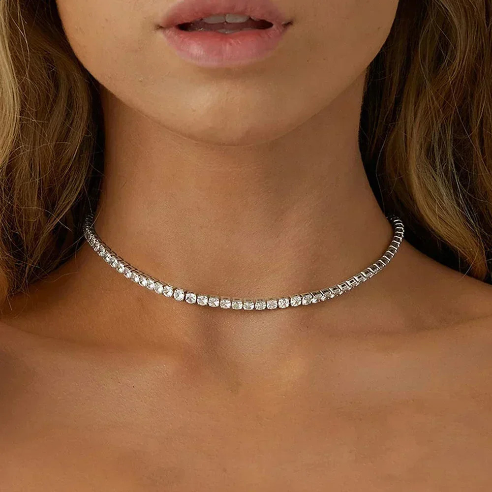 2mm Diamond Tennis Necklace for Women 925 Sterling Silver Plated 18k Gold Choker Necklace Collar Chain Adjustable 250120