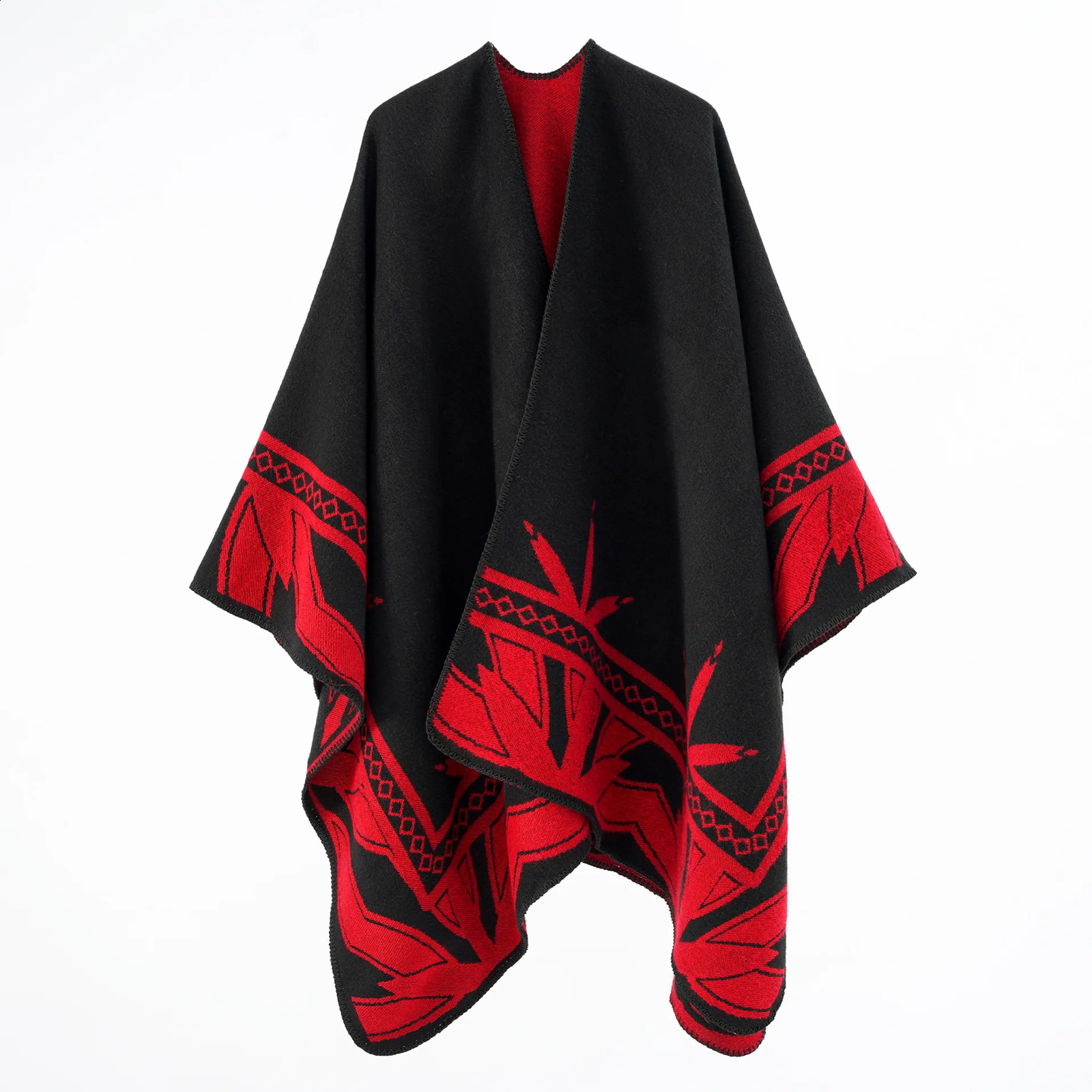Autumn Winter Geometric Stripe Pattern Cashmere Warm Casual Women Shawl Poncho Capes Lady Coat Black 250121