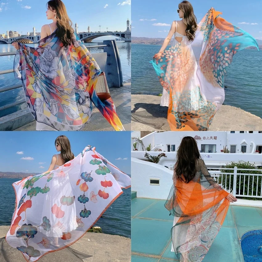 Thin Transparent Travel Beach Sunscreen Scarf for Women Bikini Large Shawl Sarong Wrap Brazilian Swimsuit Cover-ups 125x180cm 250120