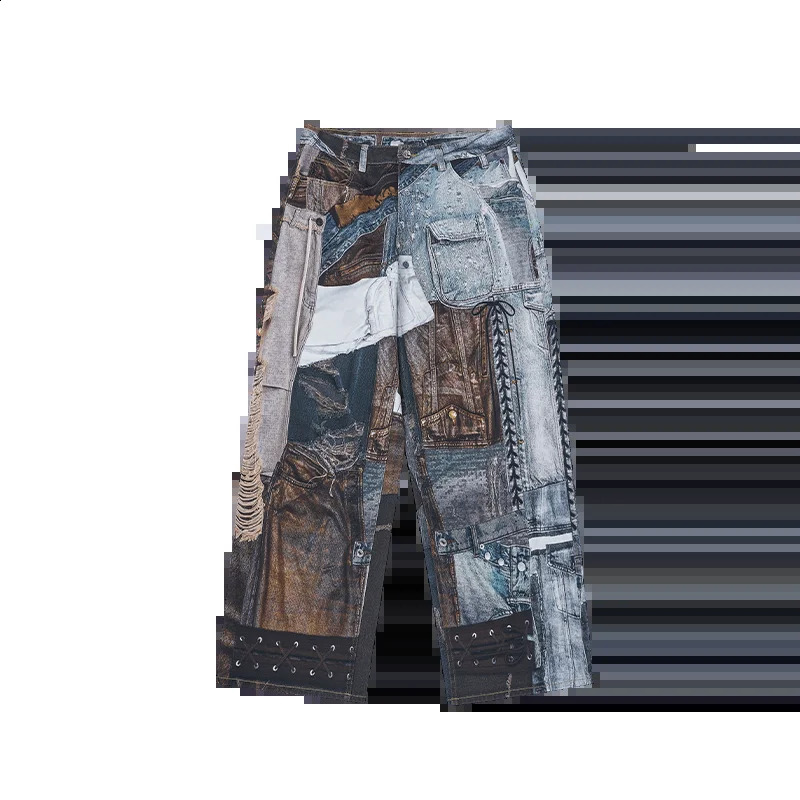 American Street Vintage Patchwork Digital Printed Jeans Male and Female Trendy Loose Wide Leg Fashion High-End Trousers 250120