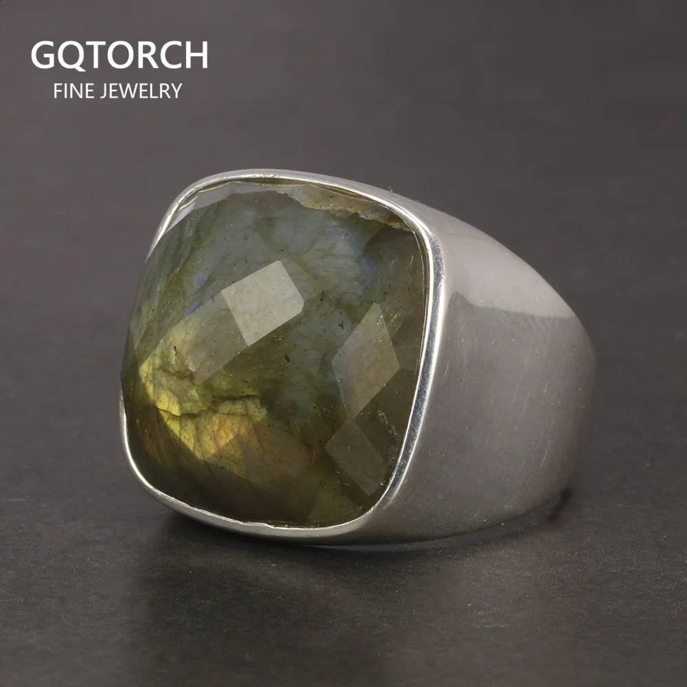 925 Silver Ring Ladies Natural Labradorite Square Glossy Minimalist Wedding Jewelry Sterling 250109