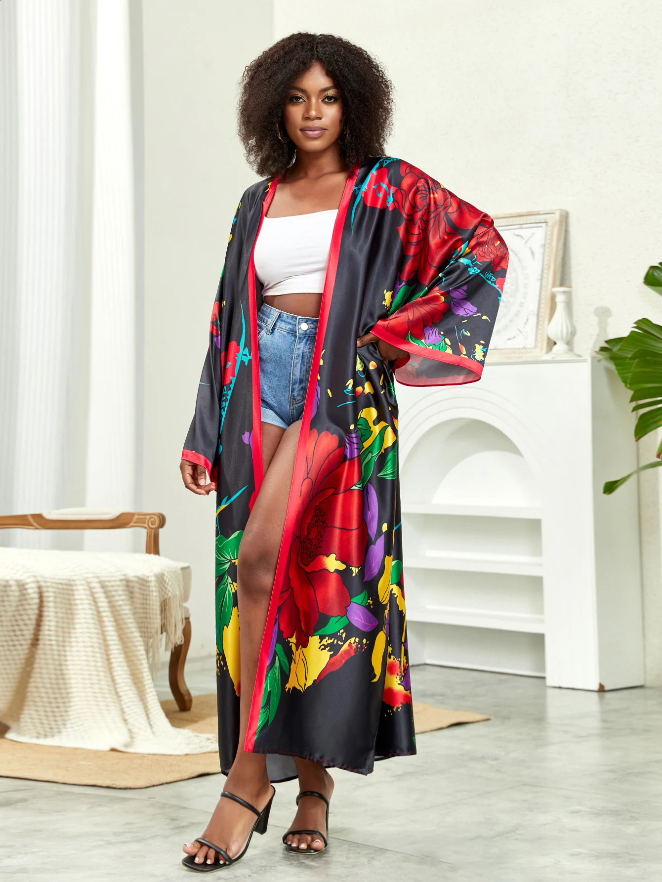 Plus Bohemian kimono womens plus lotus print contrast binding long sleeved open front waistband overlay 250122
