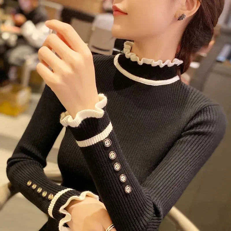 Solid Sweater Women Patchwork Knitted Pullovers Korean Slim Knitwear Autumn Winter Basic Half Turtleneck All Match Jumper Tops 250121